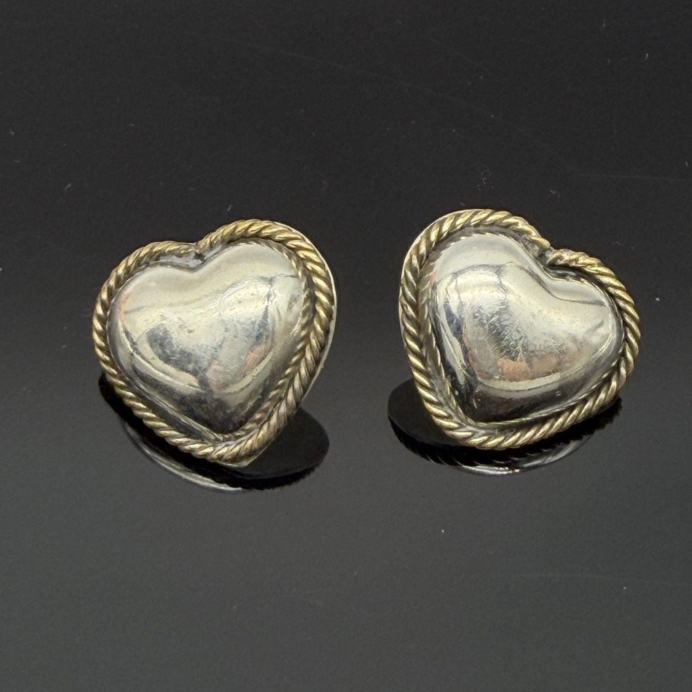 Vintage Taxco Mexico Puffy Heart Sterling Silver & Brass Pierced Earrings 3/4"